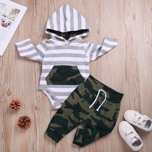 Striped Hoodie and Camouflage Pants Set